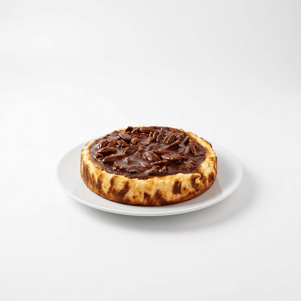 Crackly caramel crown with toasted pecans and warm spice notes.